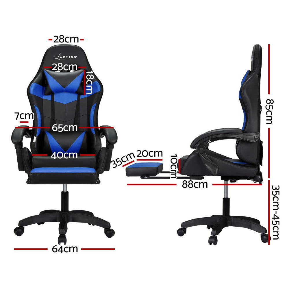 Artiss 6 Point Massage Gaming Office Chair 7 LED Footrest Blue-Furniture &gt; Bar Stools &amp; Chairs-PEROZ Accessories