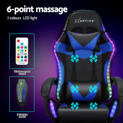 Artiss 6 Point Massage Gaming Office Chair 7 LED Footrest Blue-Furniture &gt; Bar Stools &amp; Chairs-PEROZ Accessories