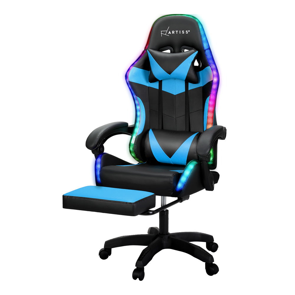 Artiss 6 Point Massage Gaming Office Chair 7 LED Footrest Cyan Blue-Furniture &gt; Bar Stools &amp; Chairs-PEROZ Accessories