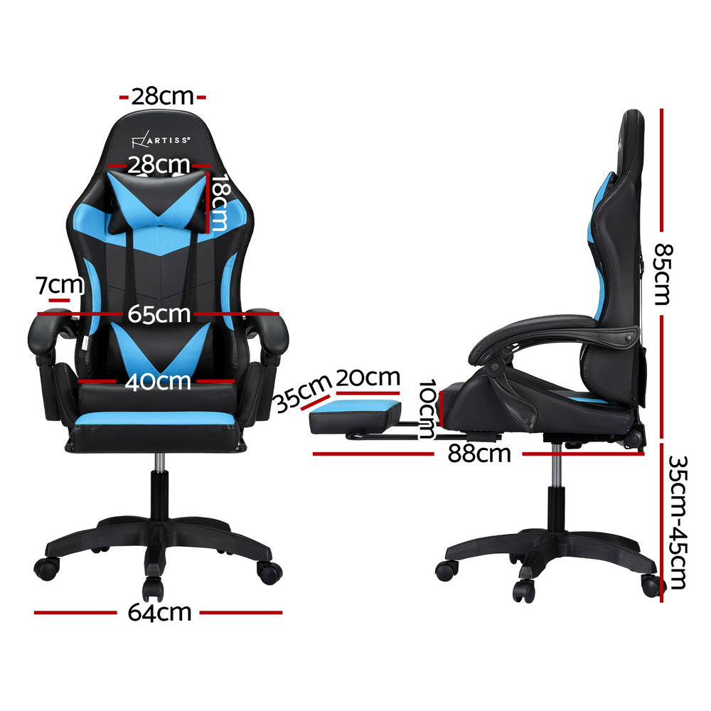 Artiss 6 Point Massage Gaming Office Chair 7 LED Footrest Cyan Blue-Furniture &gt; Bar Stools &amp; Chairs-PEROZ Accessories
