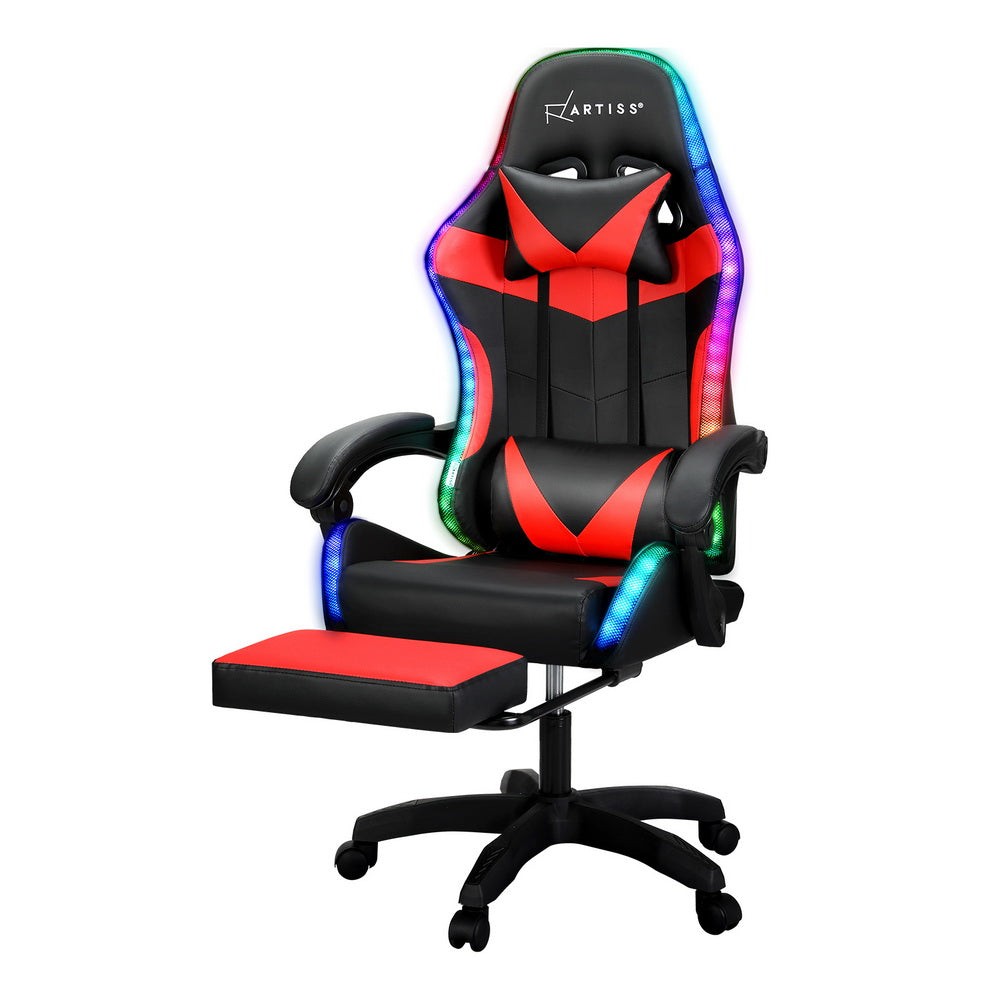 Artiss 6 Point Massage Gaming Office Chair 7 LED Footrest Red-Furniture &gt; Bar Stools &amp; Chairs-PEROZ Accessories