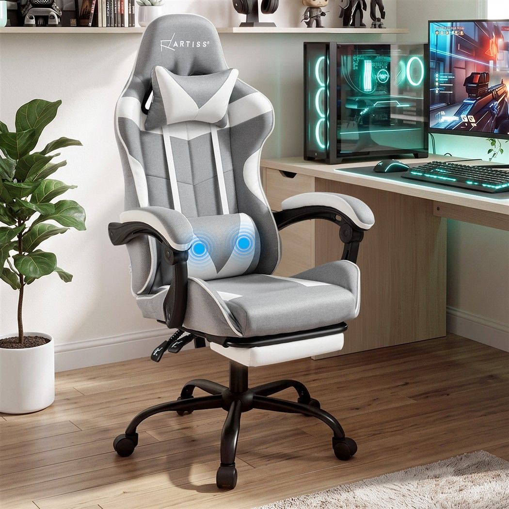Artiss Gaming Office Chair Fabric Ergonomic with 2 Point Message Light Grey-Furniture > Office > Office &amp; Desk Chairs-PEROZ Accessories