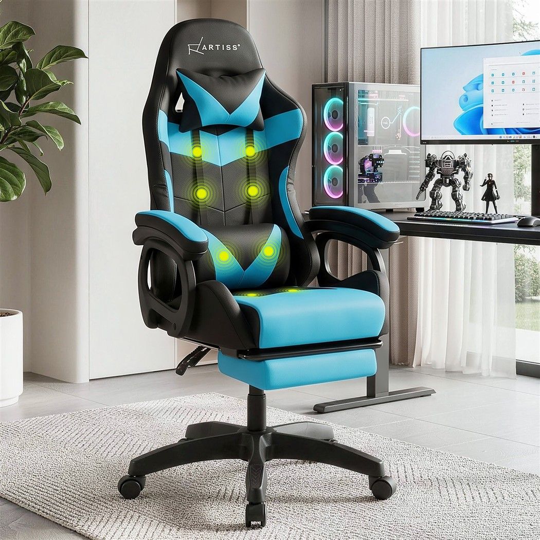 Artiss Gaming Office Chair with 8 Point Message Reline Ergonomic Blue-Furniture > Office > Office &amp; Desk Chairs-PEROZ Accessories