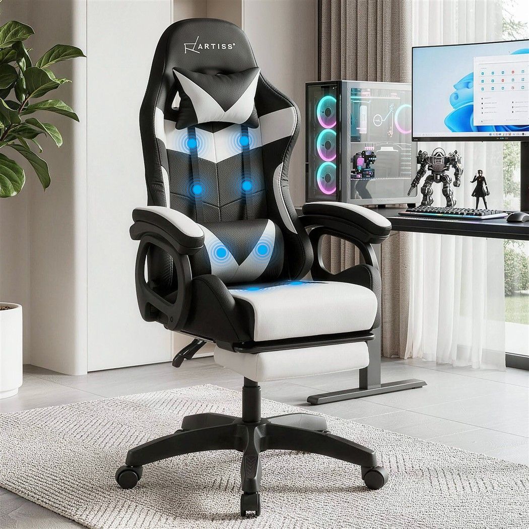 Artiss Gaming Office Chair with 8 Point Message Reline Ergonomic White-Furniture > Office > Office &amp; Desk Chairs-PEROZ Accessories