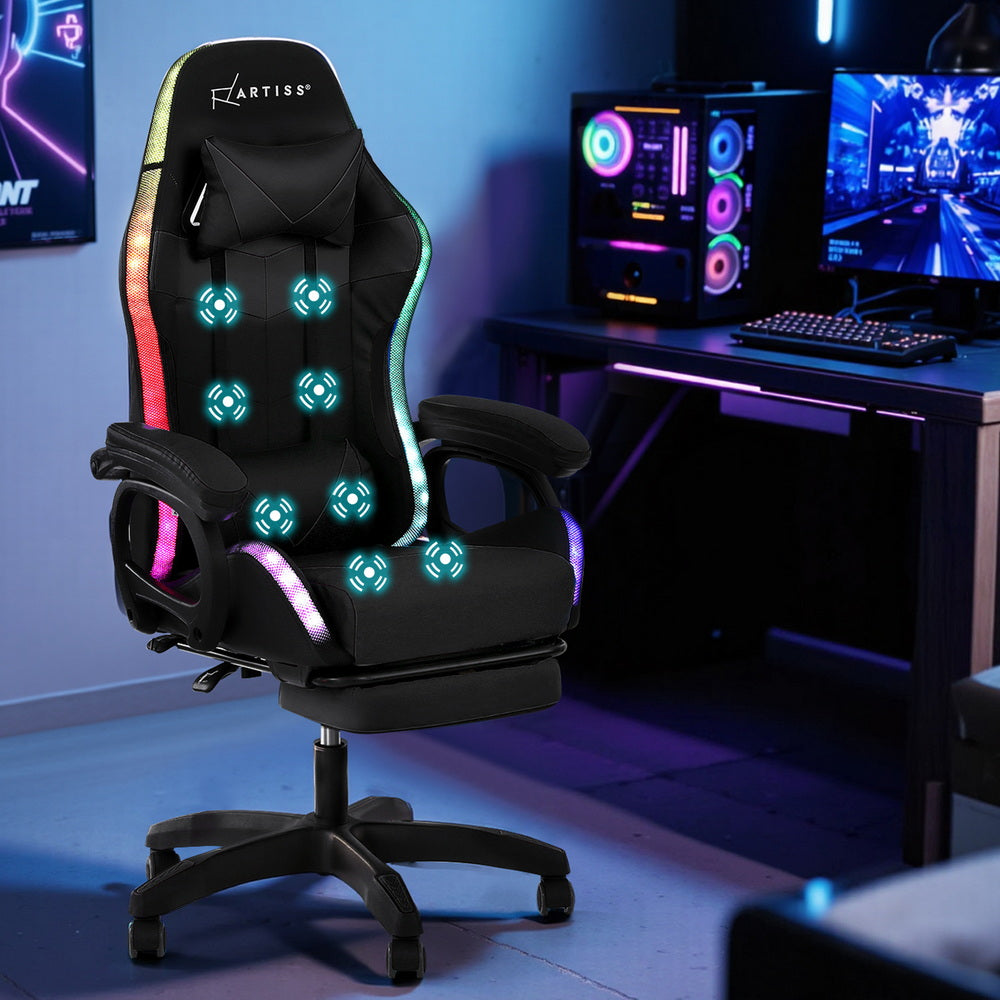 Artiss Gaming Office Chair 12 RGB LED Massage Computer Work Seat Footrest Black-Furniture &gt; Office &gt; Office &amp; Desk Chairs-PEROZ Accessories