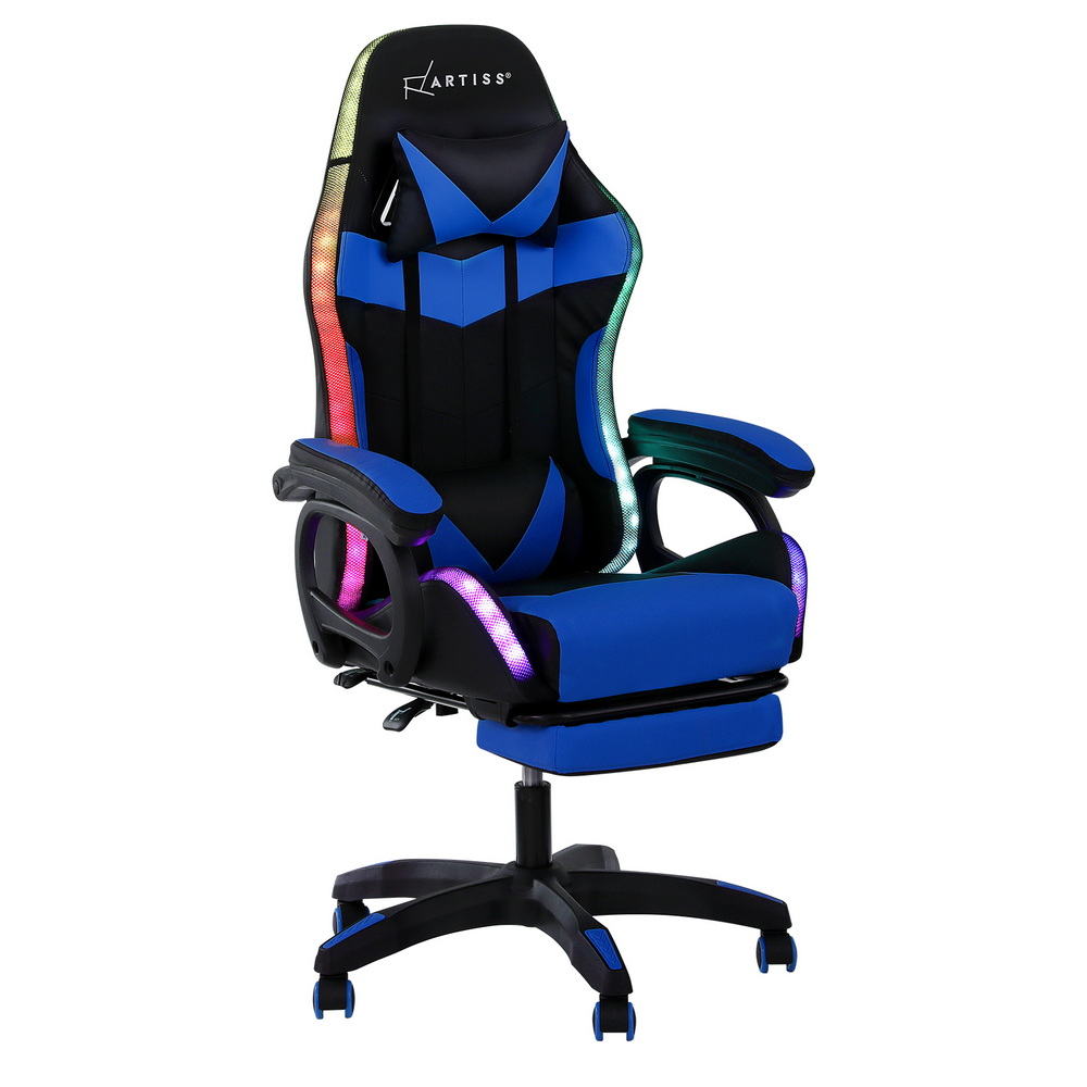 Artiss Gaming Office Chair 12 RGB LED Massage Computer Work Seat Footrest Blue-Furniture &gt; Office &gt; Office &amp; Desk Chairs-PEROZ Accessories