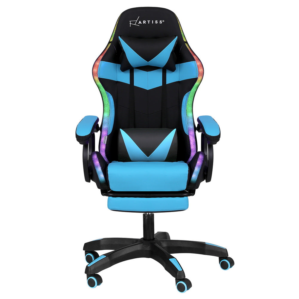 Artiss Gaming Office Chair 12 RGB LED Massage Computer Work Seat Footrest Cyan-Furniture &gt; Office &gt; Office &amp; Desk Chairs-PEROZ Accessories