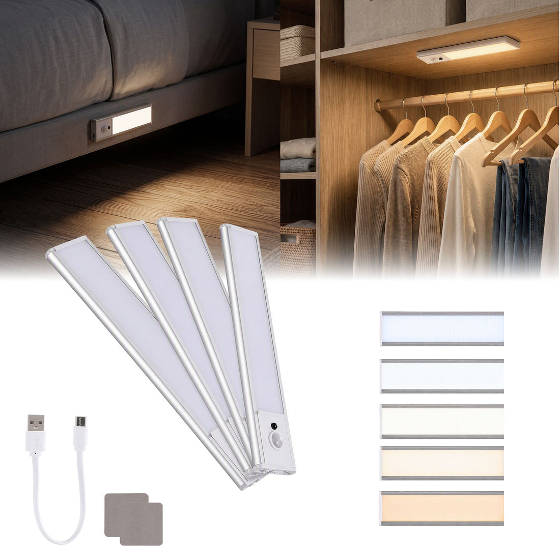 Artiss 4-Pack Motion Sensor Cabinet Lights, 20cm Dimmable LED Closet Light with 5 Colors, Type-C Rechargeable Magnetic Night Light with 5 Colors-Home &amp; Garden > Lighting > Night Lights &amp; Ambient Lighting-PEROZ Accessories