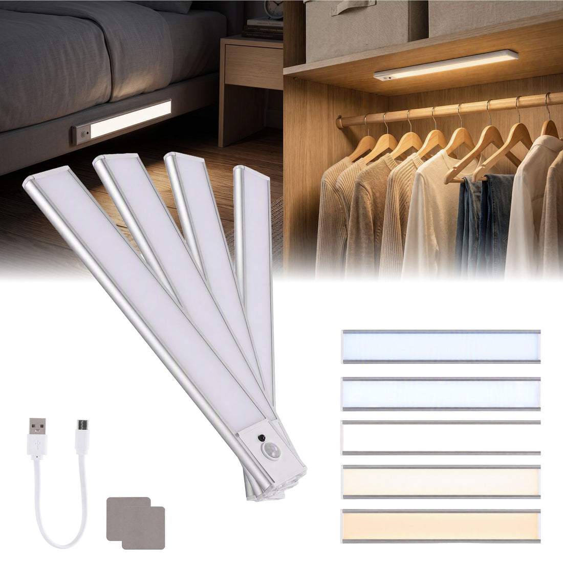 Artiss 4-Pack Motion Sensor Cabinet Lights, 30cm Dimmable LED Closet Light with 5 Colors, Type-C Rechargeable Magnetic Night Light with 5 Colors-Home &amp; Garden > Lighting > Night Lights &amp; Ambient Lighting-PEROZ Accessories