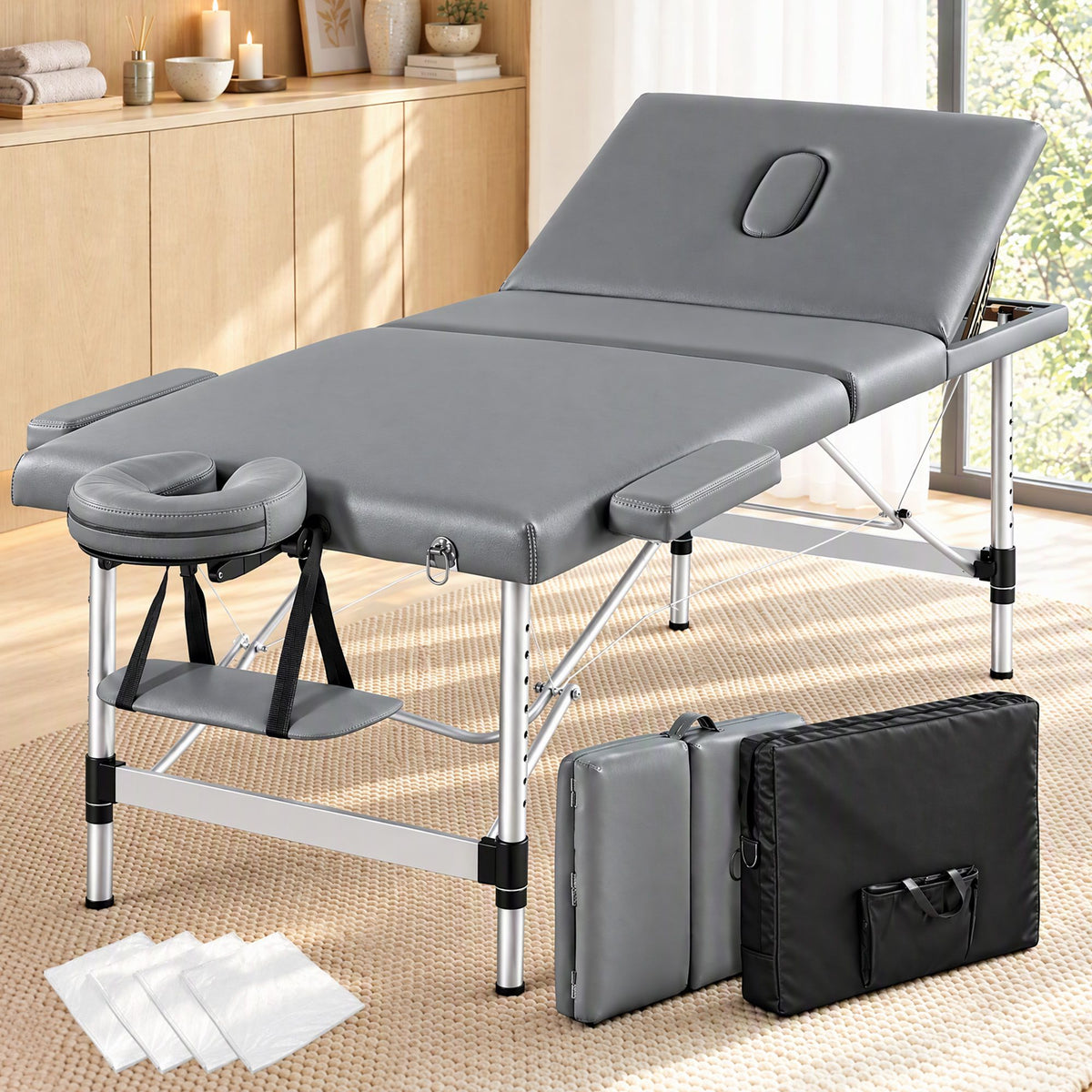 Zenses 3-Fold Portable Massage Table 80cm Adjustable Backrest &amp; Height, Aluminium Beauty Bed Grey-Health &amp; Beauty > Massage &amp; Relaxation > Massage Tables-PEROZ Accessories