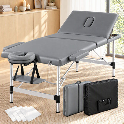 Zenses 3-Fold Portable Massage Table 80cm Adjustable Backrest &amp; Height, Aluminium Beauty Bed Grey-Health &amp; Beauty > Massage &amp; Relaxation > Massage Tables-PEROZ Accessories