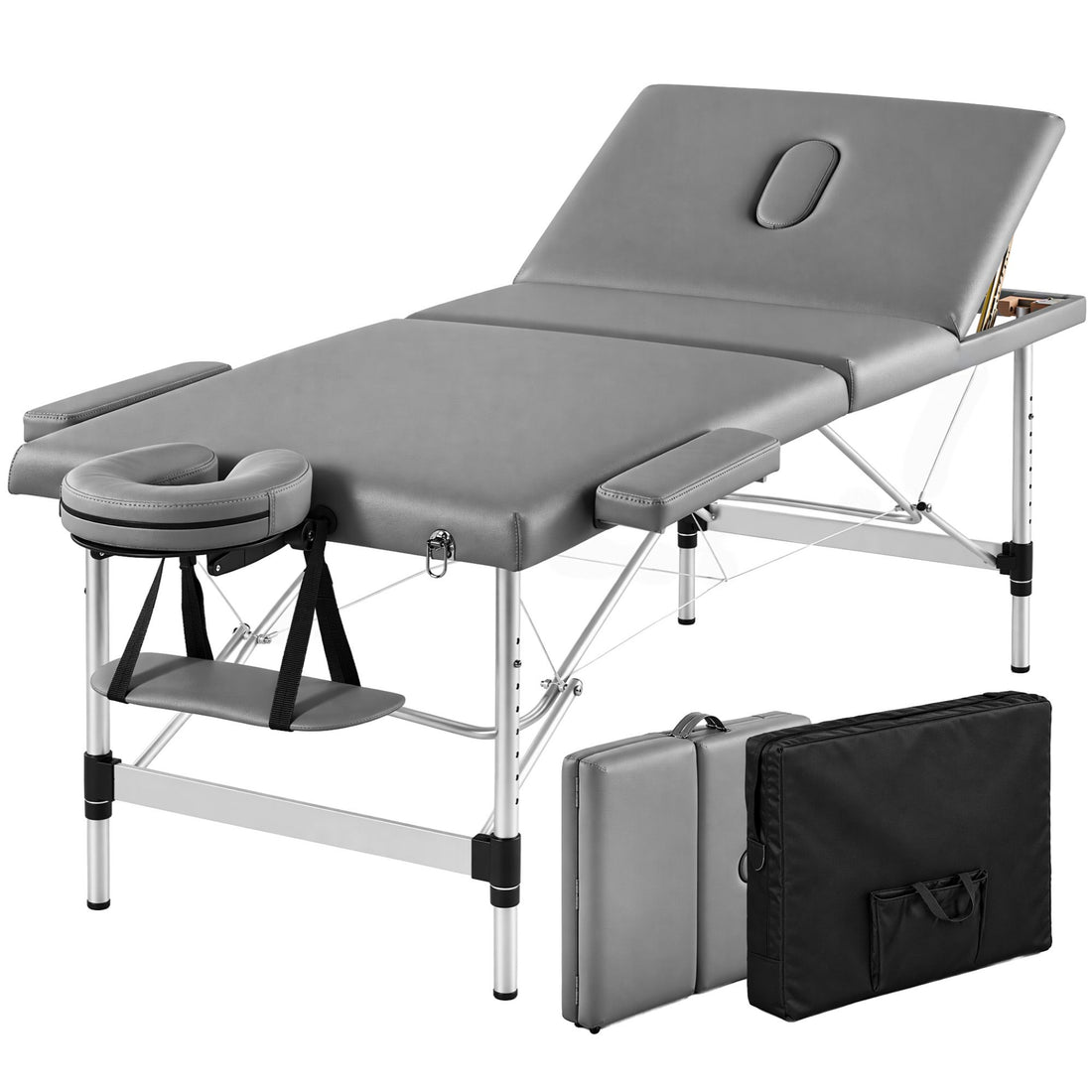 Zenses 3-Fold Portable Massage Table 80cm Adjustable Backrest &amp; Height, Aluminium Beauty Bed Grey-Health &amp; Beauty > Massage &amp; Relaxation > Massage Tables-PEROZ Accessories