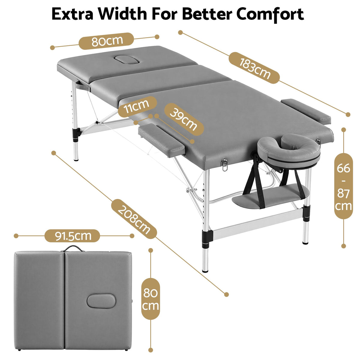 Zenses 3-Fold Portable Massage Table 80cm Adjustable Backrest &amp; Height, Aluminium Beauty Bed Grey-Health &amp; Beauty > Massage &amp; Relaxation > Massage Tables-PEROZ Accessories
