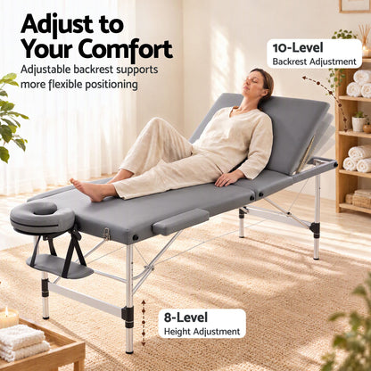 Zenses 3-Fold Portable Massage Table 80cm Adjustable Backrest &amp; Height, Aluminium Beauty Bed Grey-Health &amp; Beauty > Massage &amp; Relaxation > Massage Tables-PEROZ Accessories