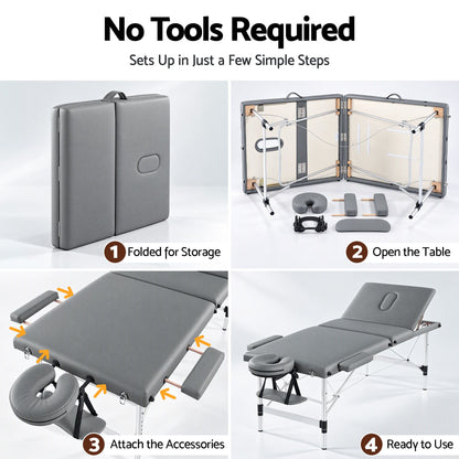 Zenses 3-Fold Portable Massage Table 80cm Adjustable Backrest &amp; Height, Aluminium Beauty Bed Grey-Health &amp; Beauty > Massage &amp; Relaxation > Massage Tables-PEROZ Accessories