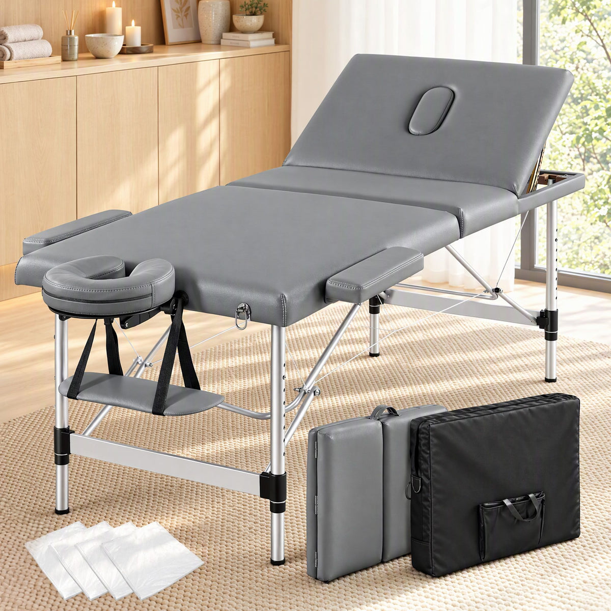 Zenses 3-Fold Portable Massage Table 75cm Adjustable Backrest &amp; Height, Aluminium Beauty Bed Grey-Health &amp; Beauty > Massage &amp; Relaxation > Massage Tables-PEROZ Accessories
