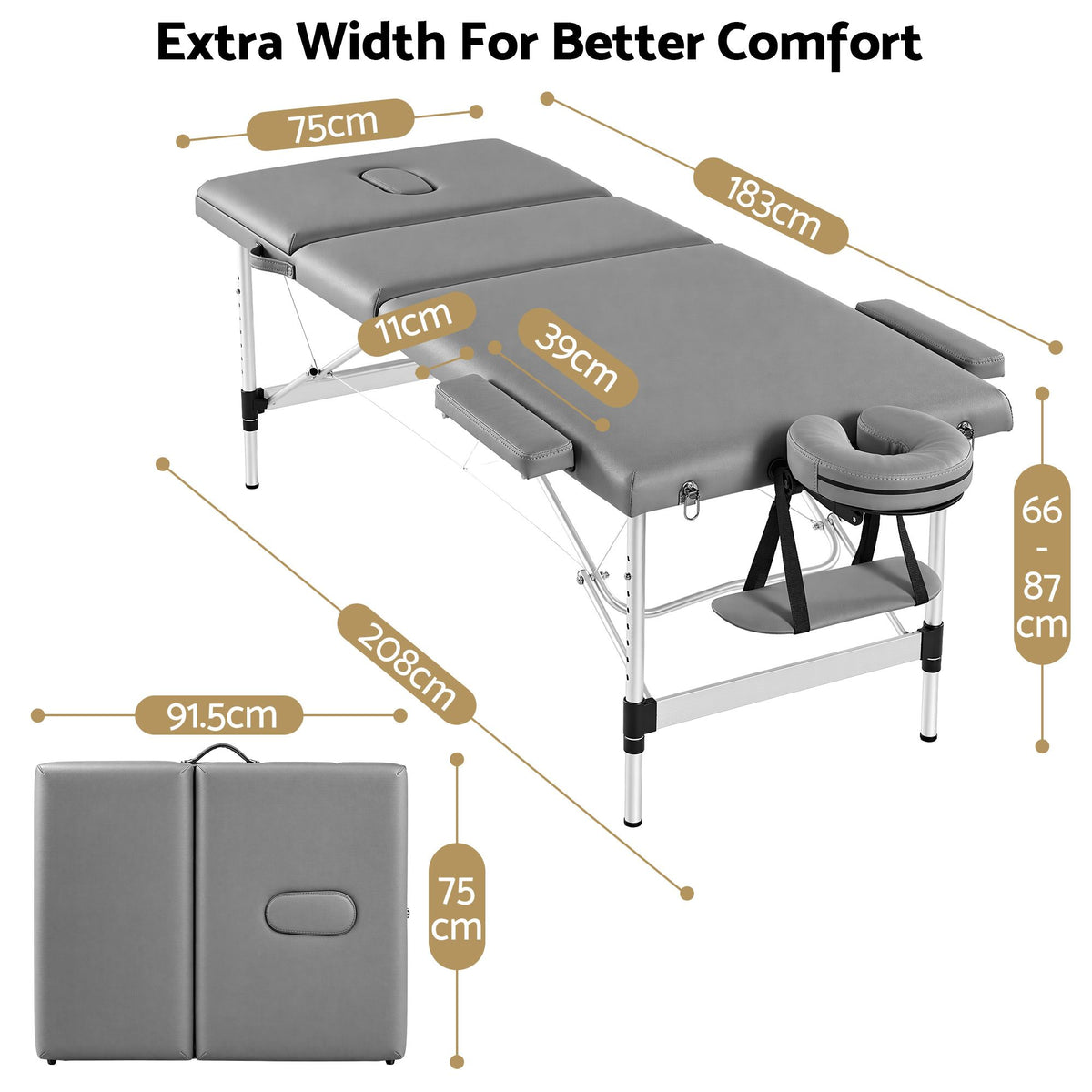 Zenses 3-Fold Portable Massage Table 75cm Adjustable Backrest &amp; Height, Aluminium Beauty Bed Grey-Health &amp; Beauty > Massage &amp; Relaxation > Massage Tables-PEROZ Accessories