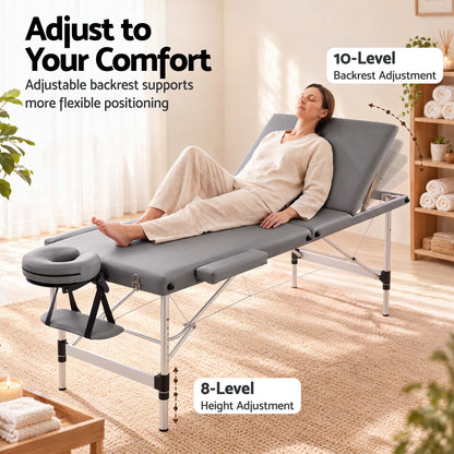 Zenses 3-Fold Portable Massage Table 75cm Adjustable Backrest &amp; Height, Aluminium Beauty Bed Grey-Health &amp; Beauty > Massage &amp; Relaxation > Massage Tables-PEROZ Accessories