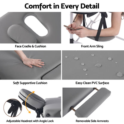 Zenses 3-Fold Portable Massage Table 75cm Adjustable Backrest &amp; Height, Aluminium Beauty Bed Grey-Health &amp; Beauty > Massage &amp; Relaxation > Massage Tables-PEROZ Accessories