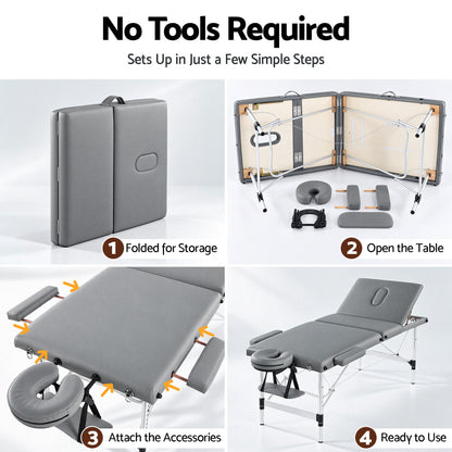 Zenses 3-Fold Portable Massage Table 75cm Adjustable Backrest &amp; Height, Aluminium Beauty Bed Grey-Health &amp; Beauty > Massage &amp; Relaxation > Massage Tables-PEROZ Accessories