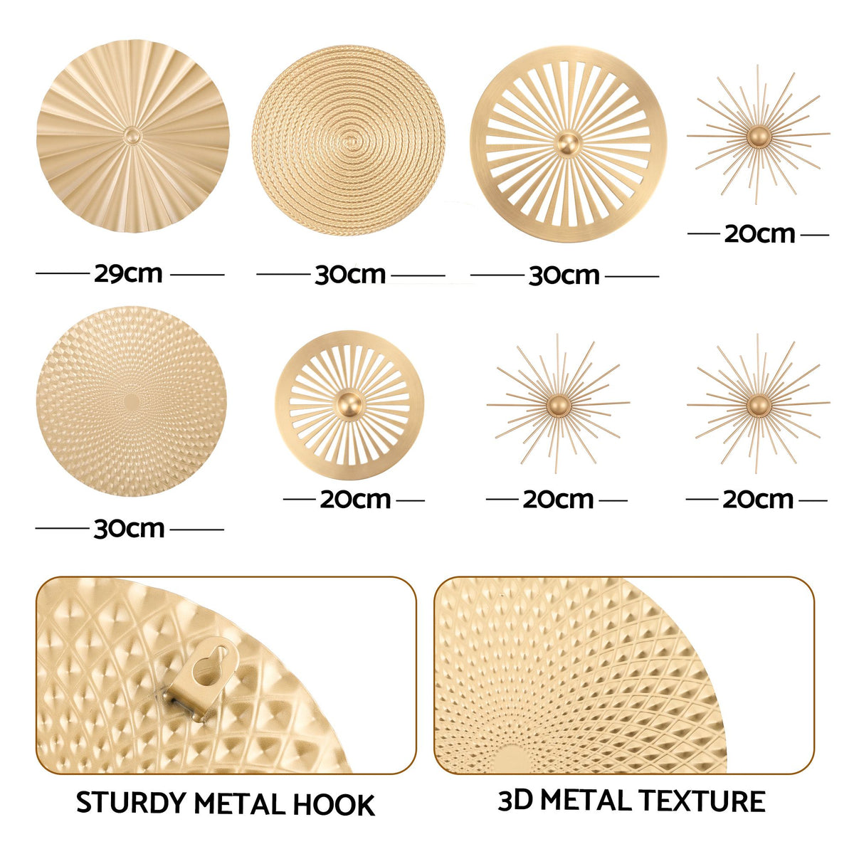 Artiss 8 Pieces Gold Metal Wall Decor Set 3D Starburst Round Disc Sculptures Flexible DIY Layout-Home &amp; Garden > Wall Art > 3D Wall Art-PEROZ Accessories