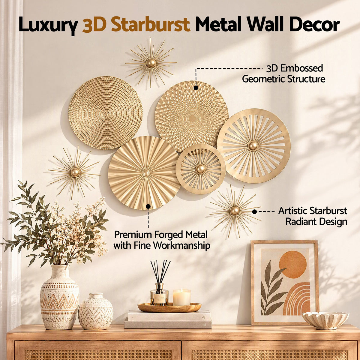 Artiss 8 Pieces Gold Metal Wall Decor Set 3D Starburst Round Disc Sculptures Flexible DIY Layout-Home &amp; Garden > Wall Art > 3D Wall Art-PEROZ Accessories