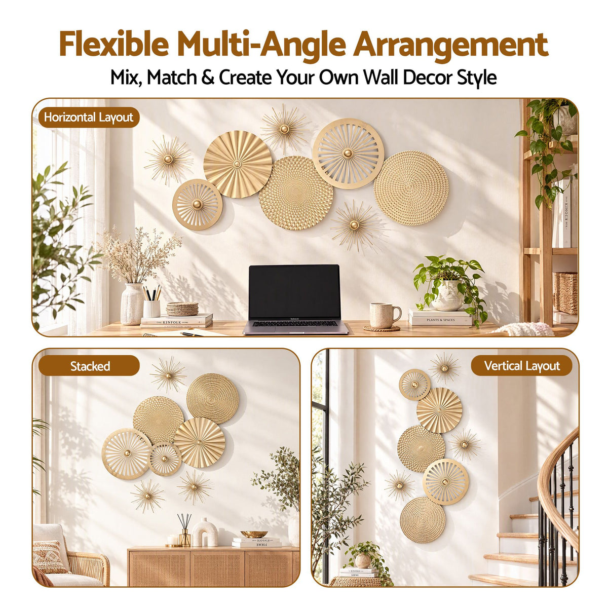 Artiss 8 Pieces Gold Metal Wall Decor Set 3D Starburst Round Disc Sculptures Flexible DIY Layout-Home &amp; Garden > Wall Art > 3D Wall Art-PEROZ Accessories