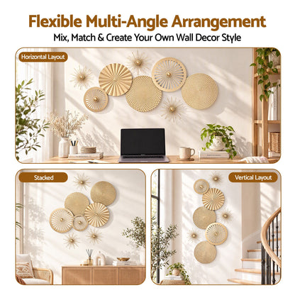 Artiss 8 Pieces Gold Metal Wall Decor Set 3D Starburst Round Disc Sculptures Flexible DIY Layout-Home &amp; Garden > Wall Art > 3D Wall Art-PEROZ Accessories