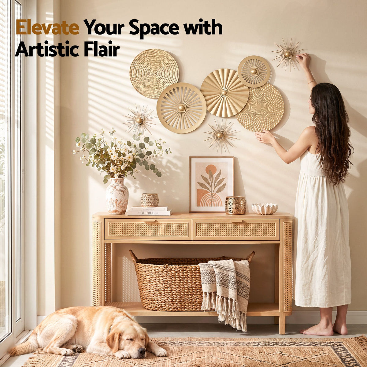 Artiss 8 Pieces Gold Metal Wall Decor Set 3D Starburst Round Disc Sculptures Flexible DIY Layout-Home &amp; Garden > Wall Art > 3D Wall Art-PEROZ Accessories