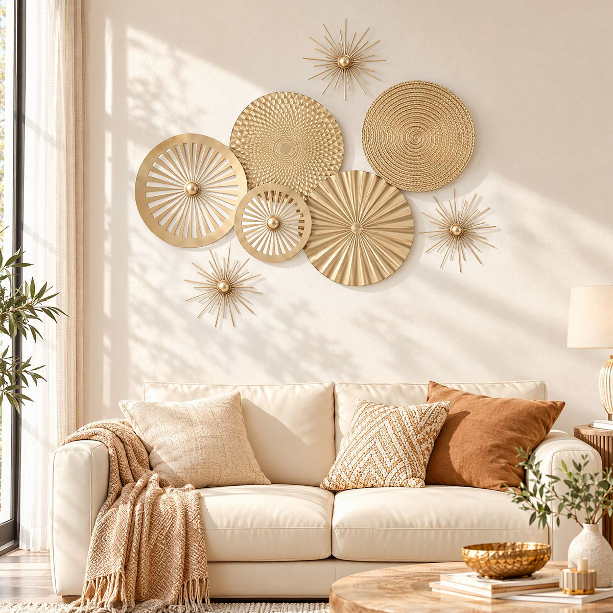 Artiss 8 Pieces Gold Metal Wall Decor Set 3D Starburst Round Disc Sculptures Flexible DIY Layout-Home &amp; Garden > Wall Art > 3D Wall Art-PEROZ Accessories