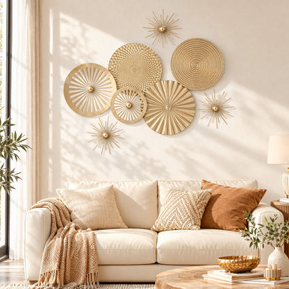 Artiss 8 Pieces Gold Metal Wall Decor Set 3D Starburst Round Disc Sculptures Flexible DIY Layout-Home &amp; Garden > Wall Art > 3D Wall Art-PEROZ Accessories