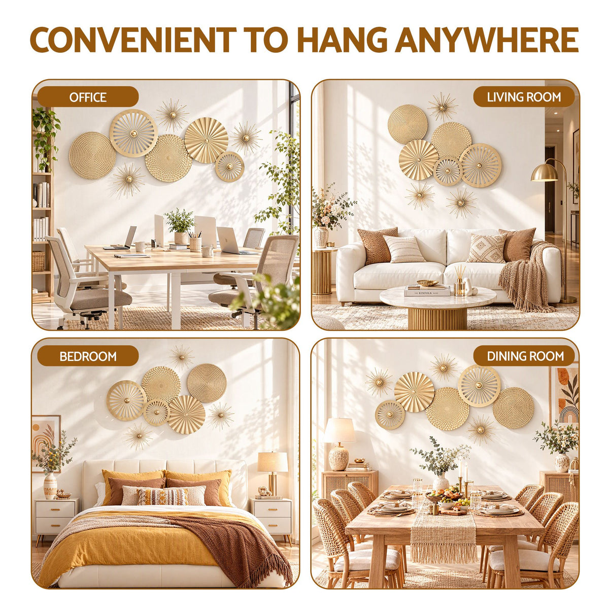 Artiss 8 Pieces Gold Metal Wall Decor Set 3D Starburst Round Disc Sculptures Flexible DIY Layout-Home &amp; Garden > Wall Art > 3D Wall Art-PEROZ Accessories