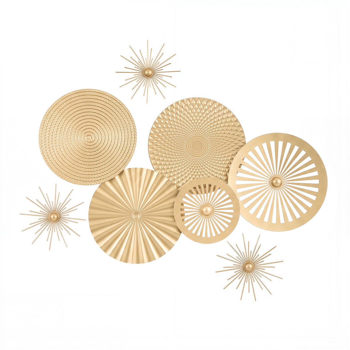 Artiss 8 Pieces Gold Metal Wall Decor Set 3D Starburst Round Disc Sculptures Flexible DIY Layout-Home &amp; Garden > Wall Art > 3D Wall Art-PEROZ Accessories