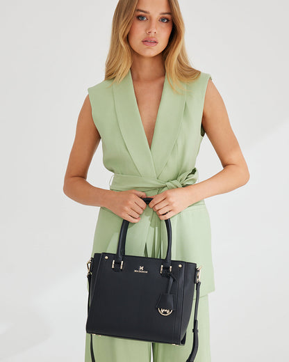 Angie Medium 3 Compartment Satchel Bag + Monogram Stripe Bag Strap-Handbags-PEROZ Accessories