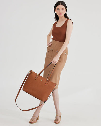 Inga Large Zip Top Tote Bag With Laptop Pocket + Monogram Bag Strap-Handbags-PEROZ Accessories