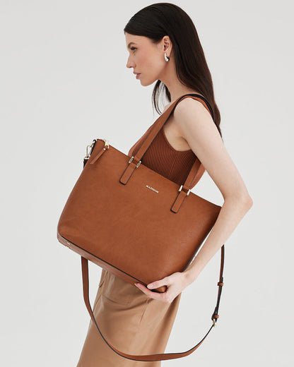 Inga Large Zip Top Tote Bag With Laptop Pocket + Monogram Bag Strap-Handbags-PEROZ Accessories