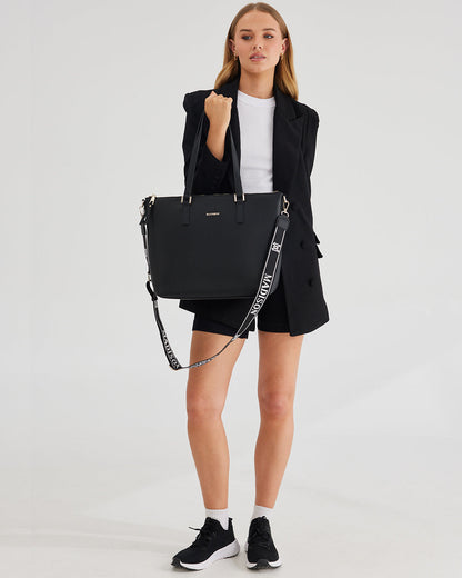 Inga Large Zip Top Tote Bag With Laptop Pocket + Monogram Stripe Bag Strap-Handbags-PEROZ Accessories