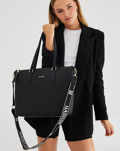 Inga Large Zip Top Tote Bag With Laptop Pocket + Monogram Stripe Bag Strap-Handbags-PEROZ Accessories