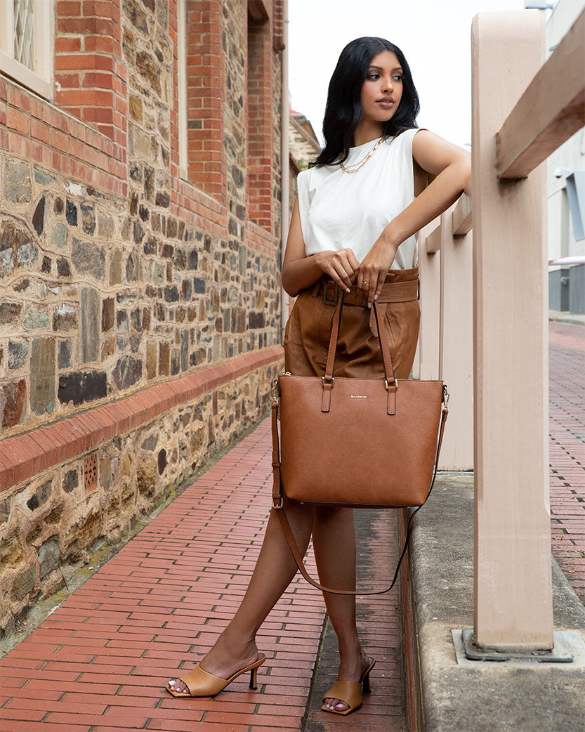 Inga Large Zip Top Tote Bag With Laptop Pocket + Leopard Bag Strap-Handbags-PEROZ Accessories