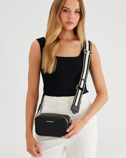 Maddie Double Zip Camera Crossbody Bag + Metallic Stripe Bag Strap-Handbags-PEROZ Accessories