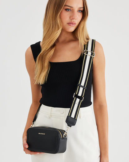 Maddie Double Zip Camera Crossbody Bag + Metallic Stripe Bag Strap-Handbags-PEROZ Accessories