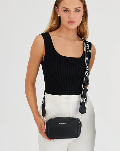 Maddie Double Zip Camera Crossbody Bag + Monogram Stripe Bag Strap-Handbags-PEROZ Accessories