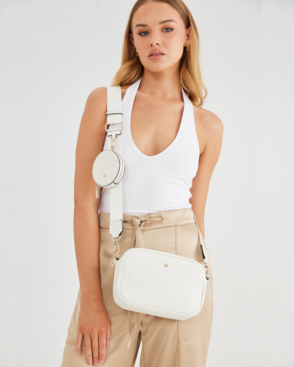 Monica White Camera Crossbody Bag + Utility Bag Strap-Handbags-PEROZ Accessories