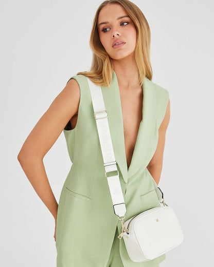 Monica White Camera Crossbody Bag + Monogram Bag Strap-Handbags-PEROZ Accessories