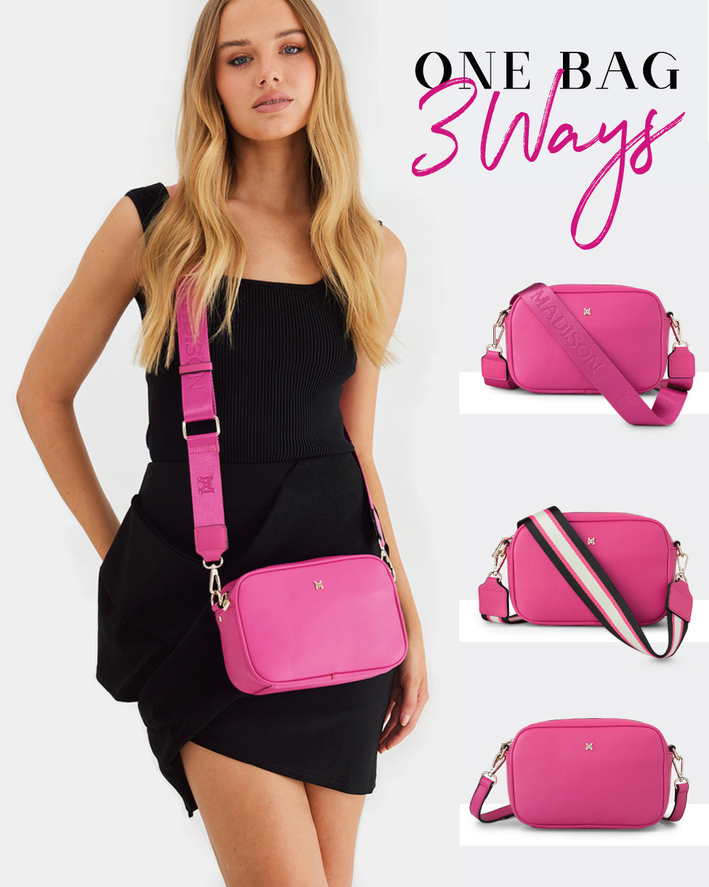 Bag &amp; 3 Straps &quot;One Bag 3 Ways&quot; - Monica Crossbody With Monogram, Stripe &amp; Matching Bag Strap-Handbags-PEROZ Accessories