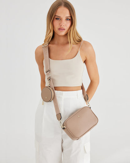 Monica Taupe Camera Crossbody Bag + Utility Bag Strap-Handbags-PEROZ Accessories