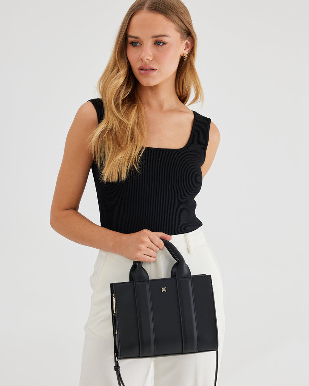 Nova Small Grab Tote With Monogram Stripe Strap-Handbags-PEROZ Accessories