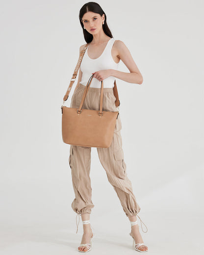 Vivian Medium Zip Top Tote With Monogram Stripe Strap-Handbags-PEROZ Accessories