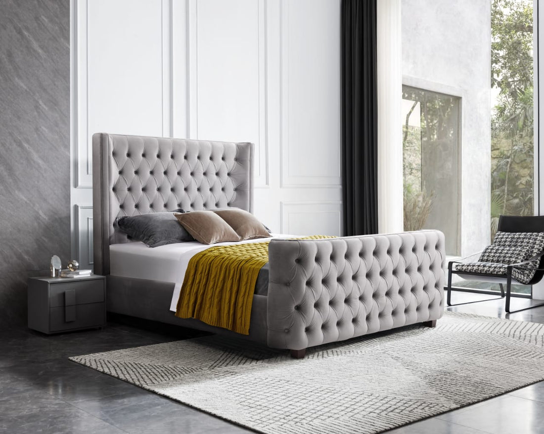Milan Grey Velvet Tufted Headboard and End board Bed Frame - Queen-Furniture &gt; Bedroom &gt; Beds &amp; Bed Frames-PEROZ Accessories
