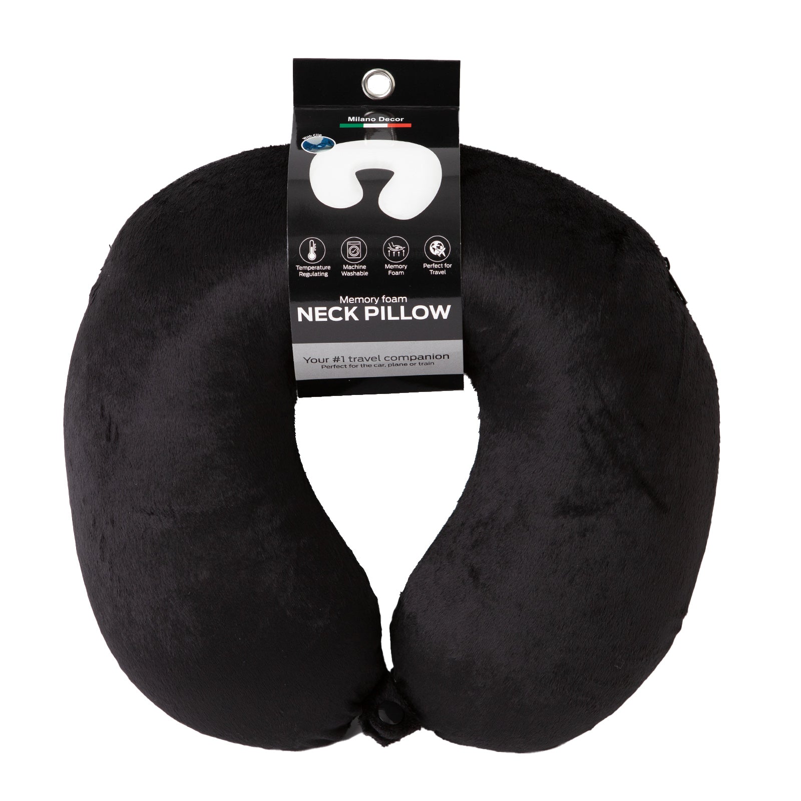 Milano Decor Memory Foam Travel Neck Pillow With Clip Cushion Support Soft Black-Home &amp; Garden > Bedding > Pillows-PEROZ Accessories